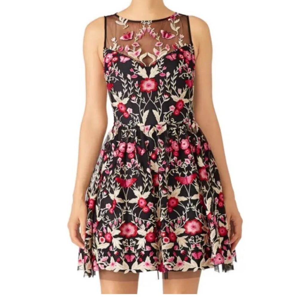 SHOSHANNA MIDNIGHT Black Pink Bayard Embellished Floral Mesh Mini Dress Size 8